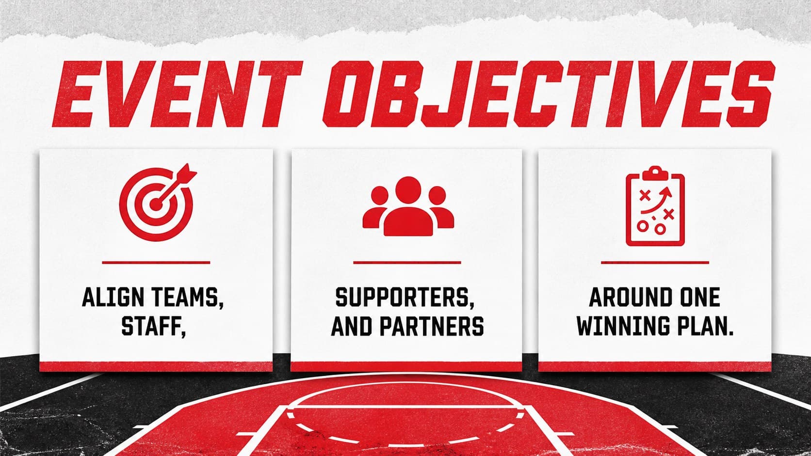 Basketball event overview slide presenting tournament goals with bold red accents and distressed black graphics.