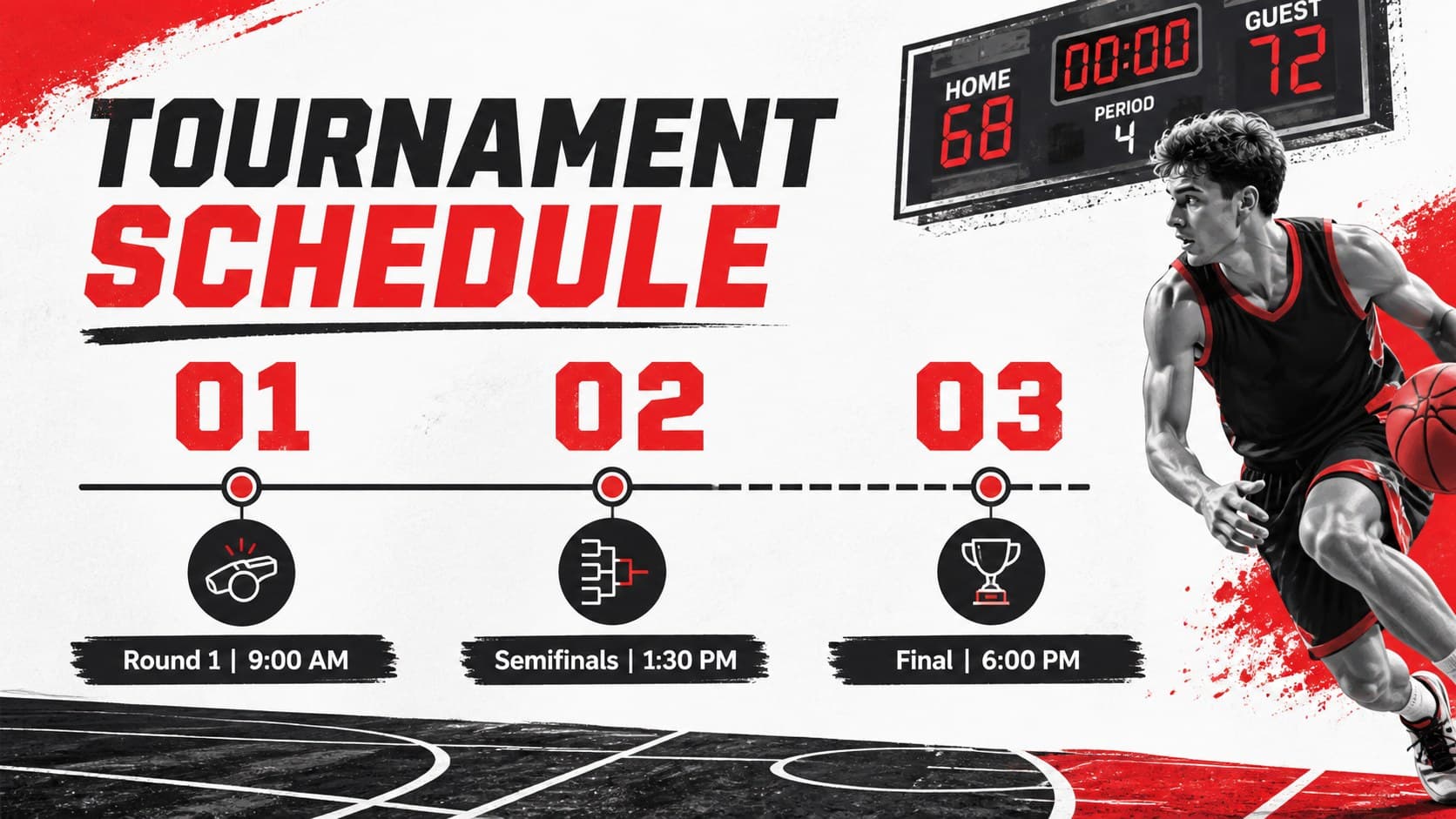 Tournament schedule slide showing game rounds and tip-off times in an editable sports presentation layout.