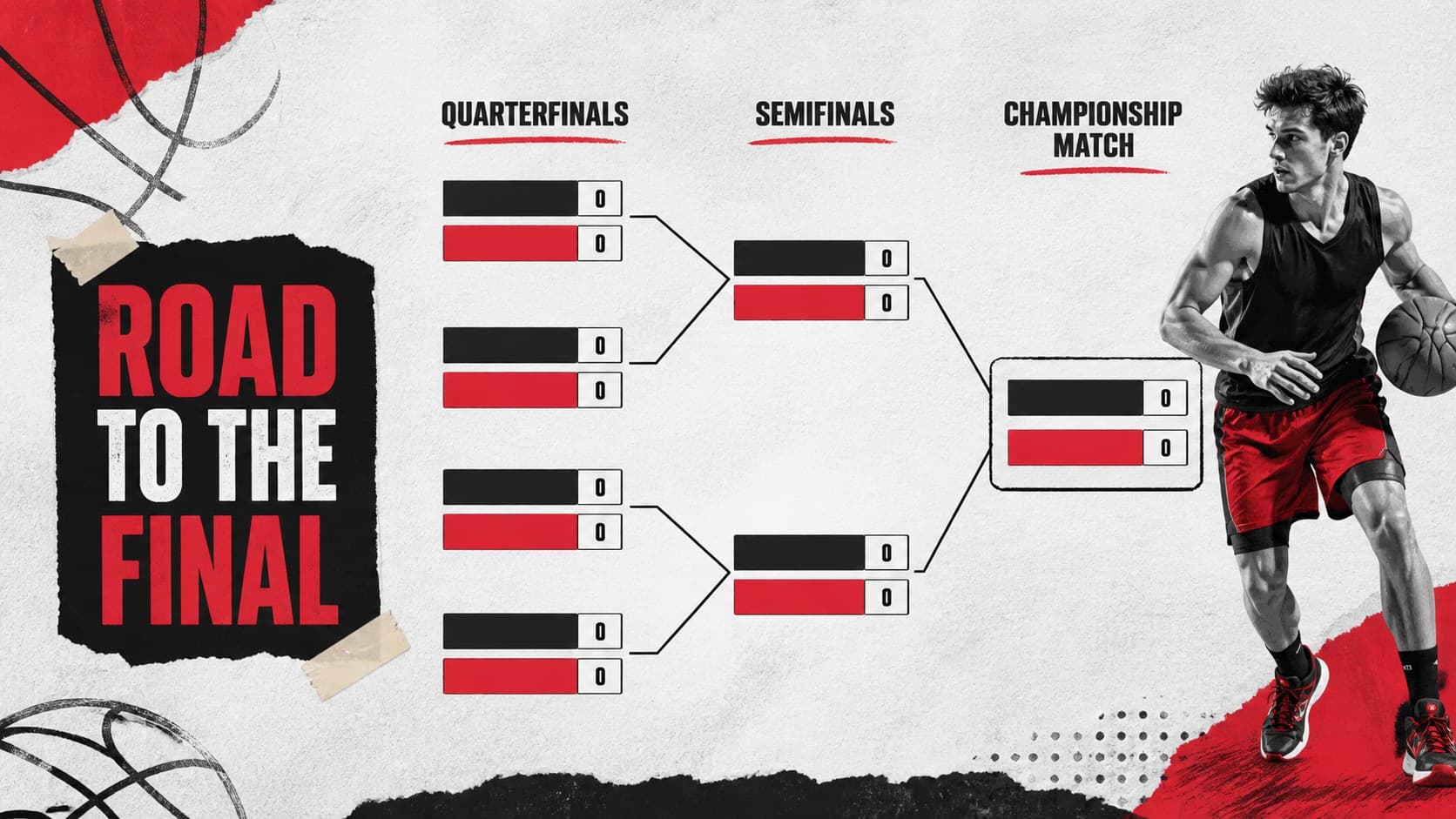 Basketball bracket slide mapping tournament matchups with red blocks, black text, and rough paper details.