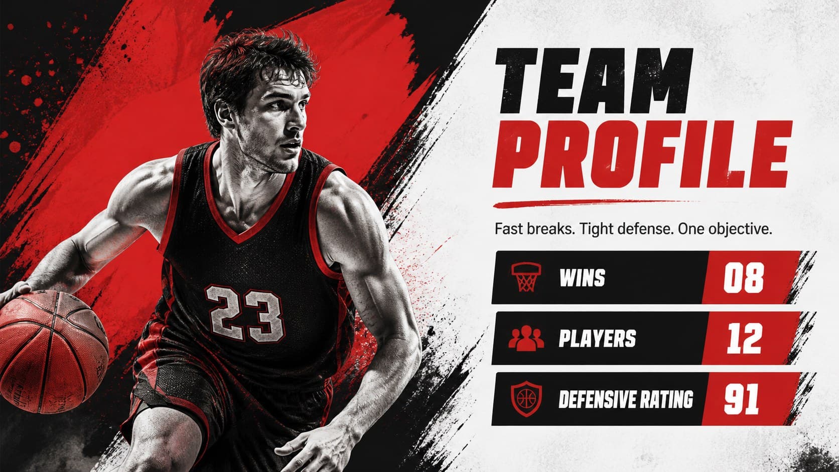 Team profile slide introducing a basketball squad with stat callouts and a dramatic red-and-black layout.
