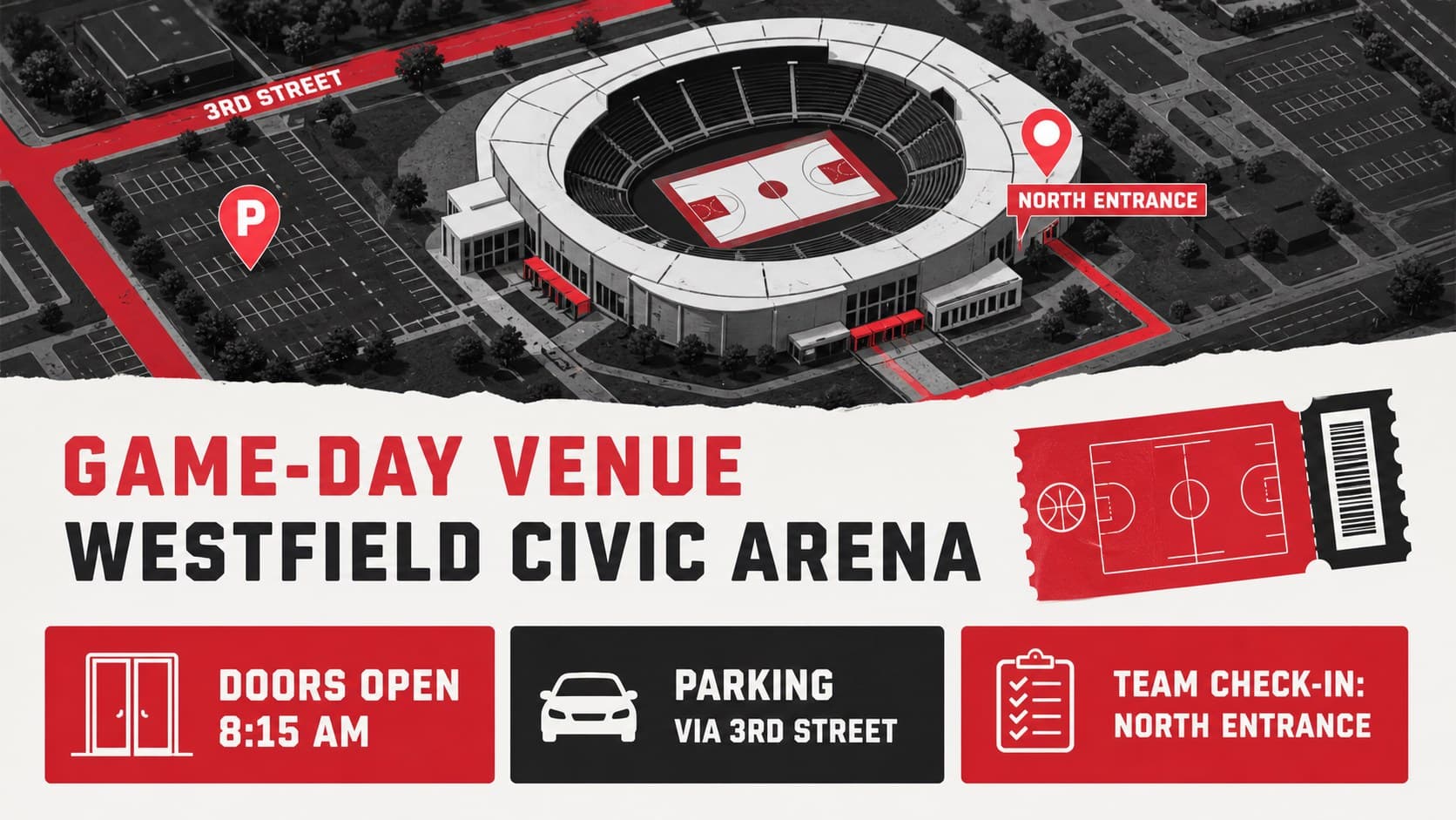 Venue information slide displaying basketball arena details, access notes, and game-day logistics.