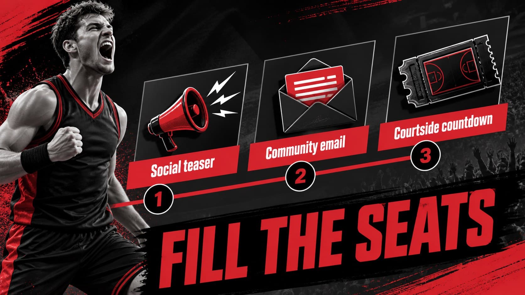 Promotion strategy slide outlining basketball event marketing channels with bold headlines and red visual markers.
