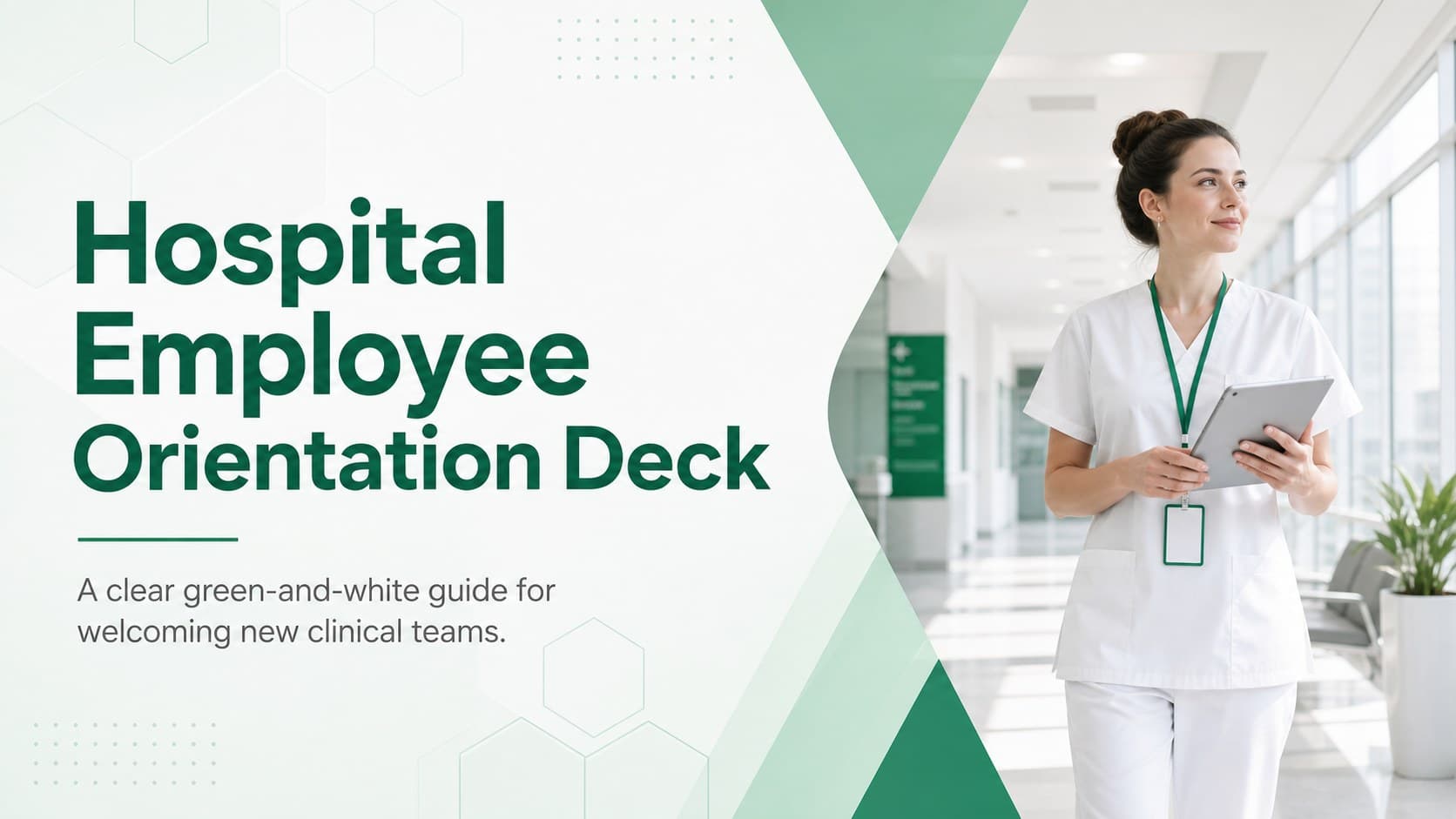 Cover slide for a hospital employee orientation deck with a calm green-and-white healthcare design.