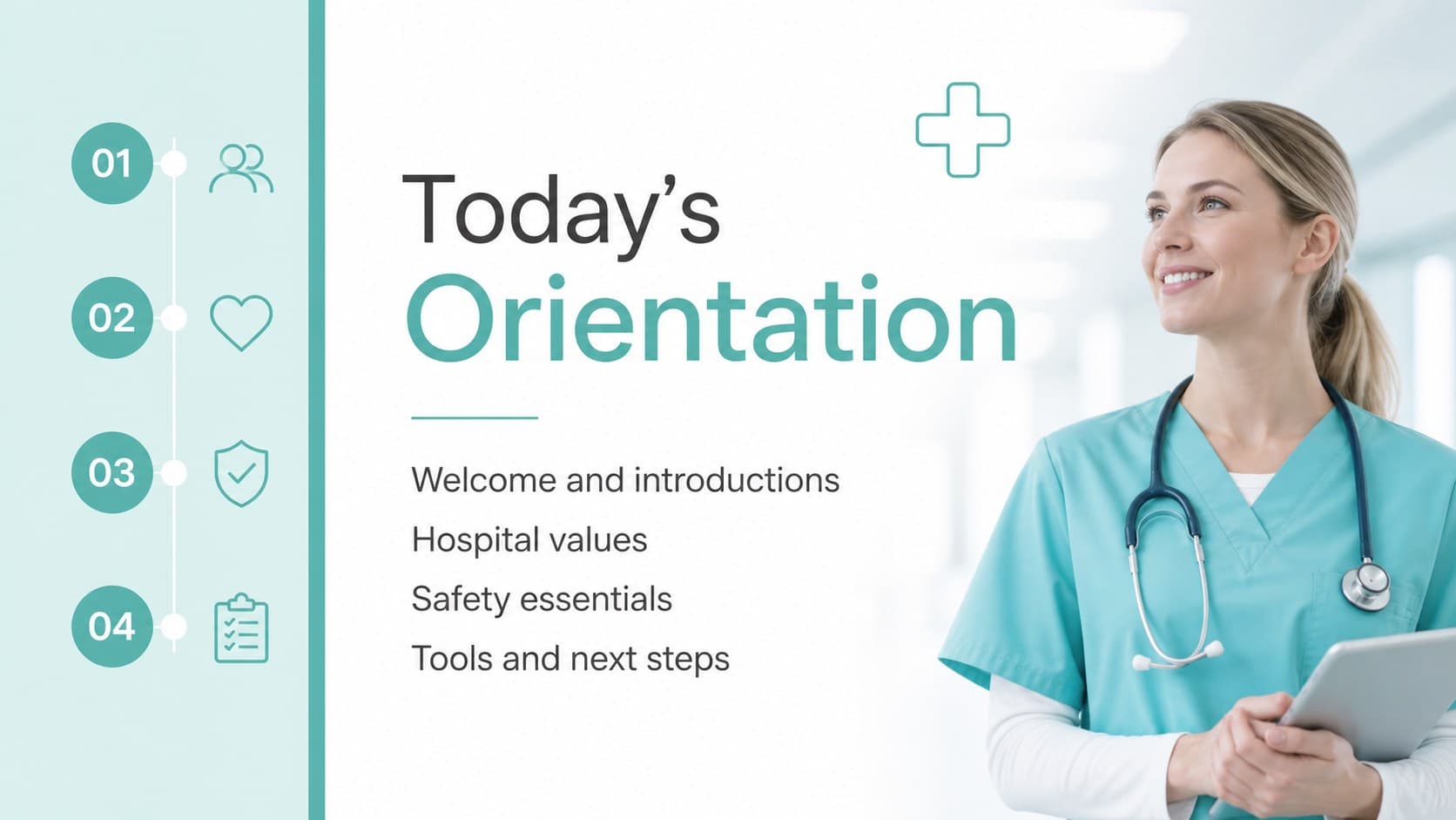 Orientation agenda slide outlining the first-day schedule in a hospital employee orientation deck.