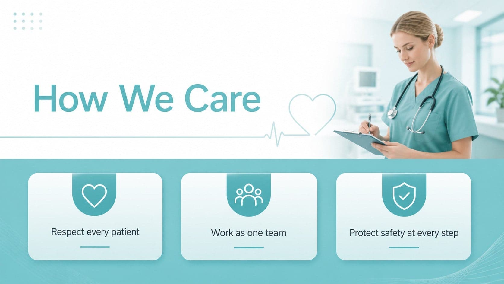 Hospital values slide presenting patient care principles for new employees.