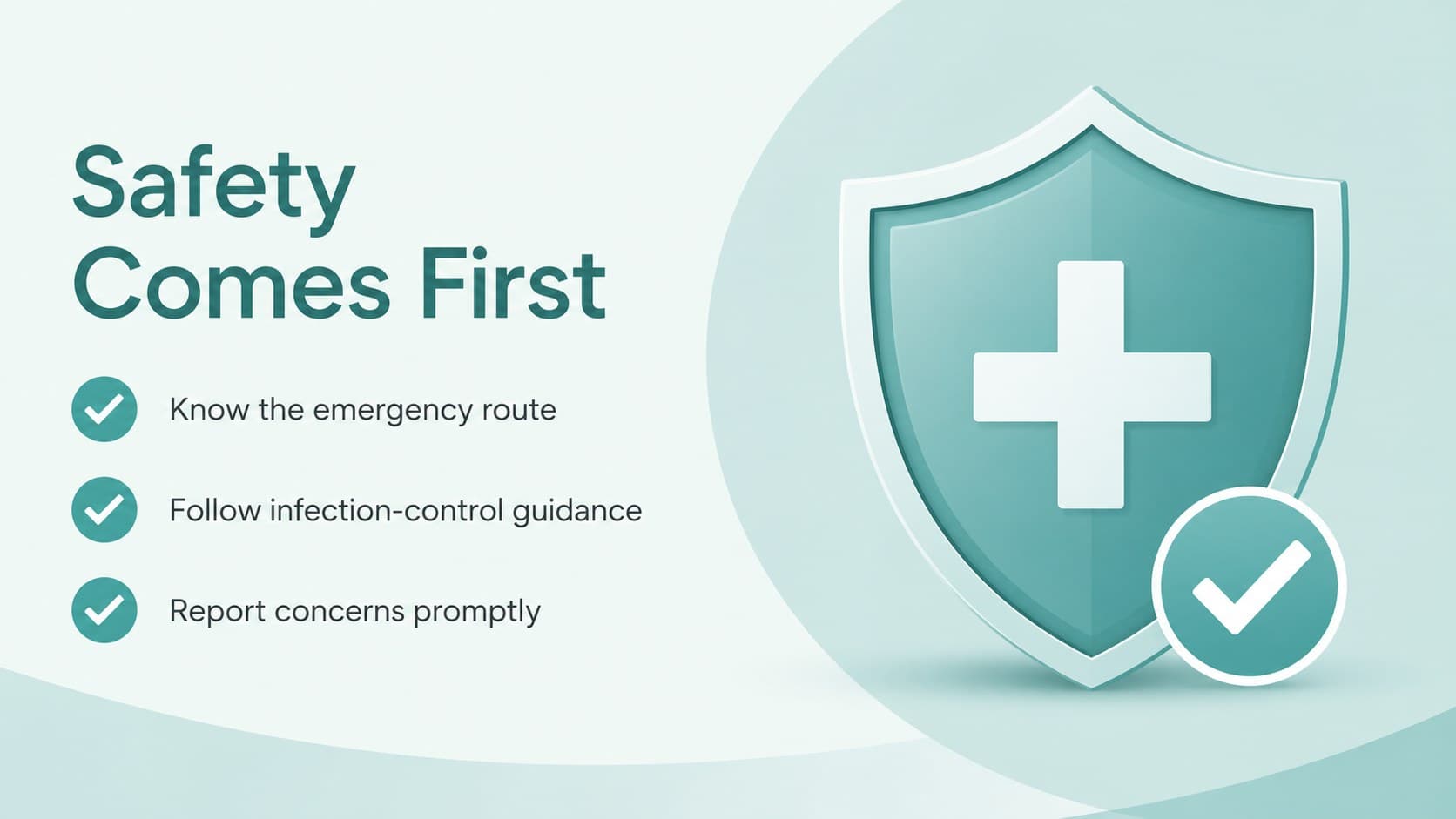 Safety essentials slide highlighting infection control and emergency readiness.