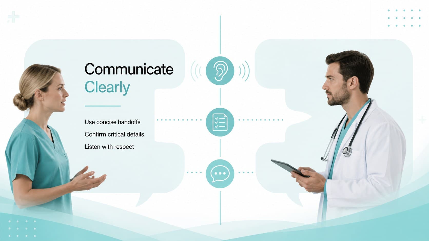 Communication standards slide for clear handoffs and respectful hospital teamwork.