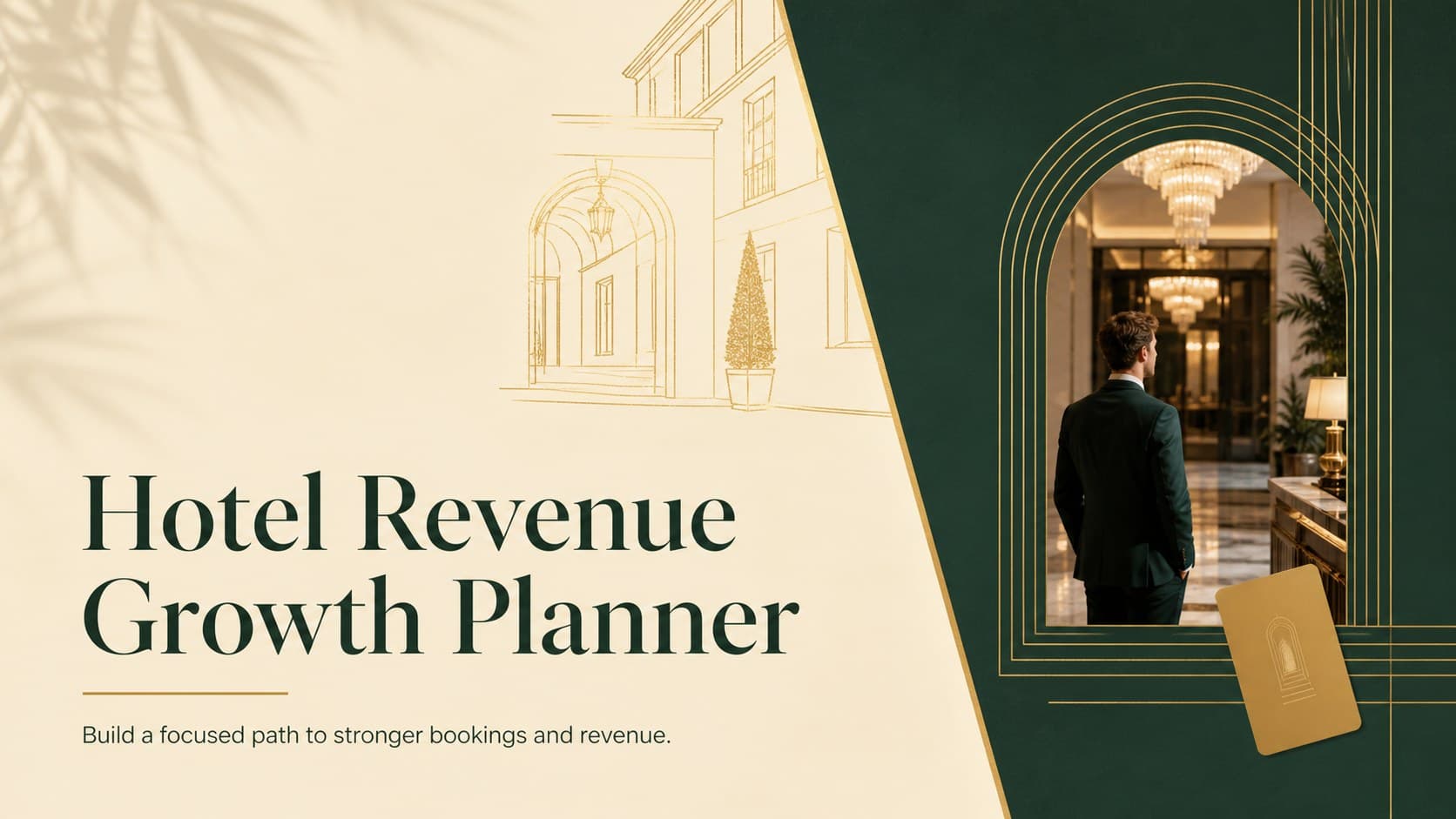 Cover of the Hotel Revenue Growth Planner with elegant green, beige, and gold hospitality styling.
