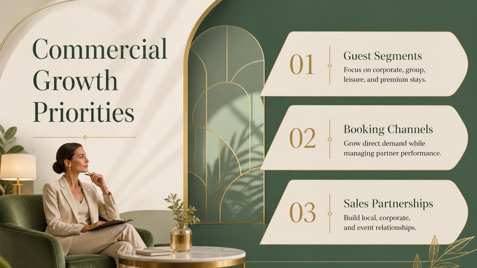 Hotel sales strategy presentation slide outlining commercial priorities for segments, channels, and partnerships.
