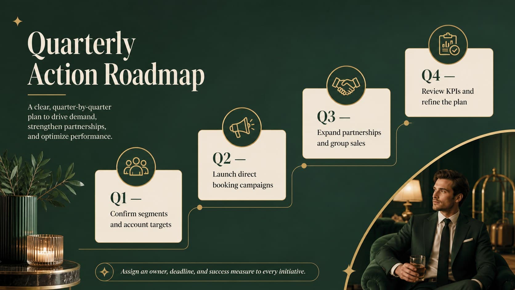 Hotel booking growth plan slide presenting a quarterly action timeline with owners and success measures.