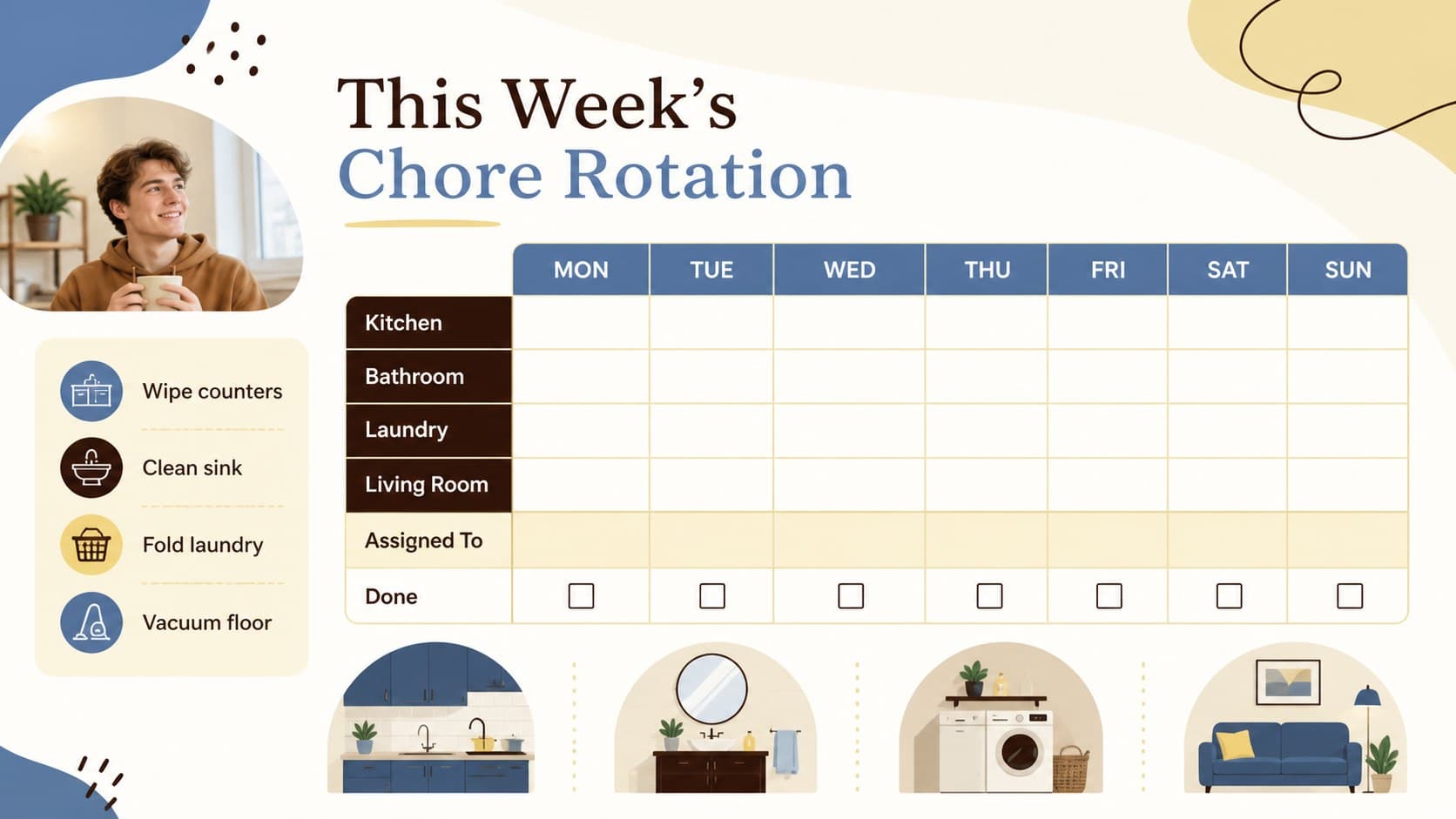 Editable weekly cleaning rota template assigning kitchen, bathroom, laundry, and living-room tasks.