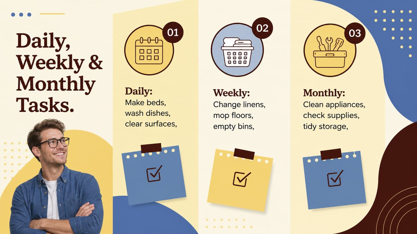 Daily, weekly, and monthly household task schedule organized with checkboxes and maintenance categories.