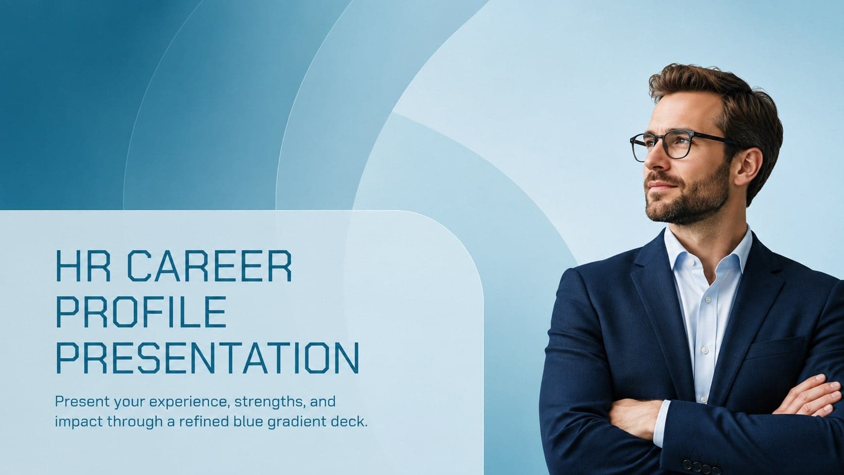 Blue gradient cover for an HR career profile presentation with a concise professional subtitle.