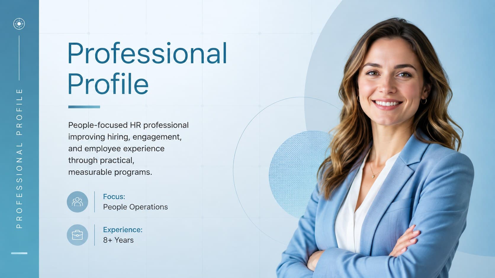 Minimal human resources portfolio presentation slide introducing an HR professional and career focus.