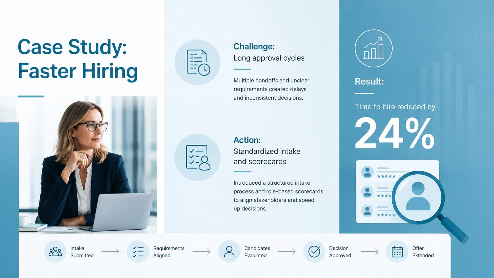 Talent acquisition case study slide explaining a hiring challenge, response, and measurable result.