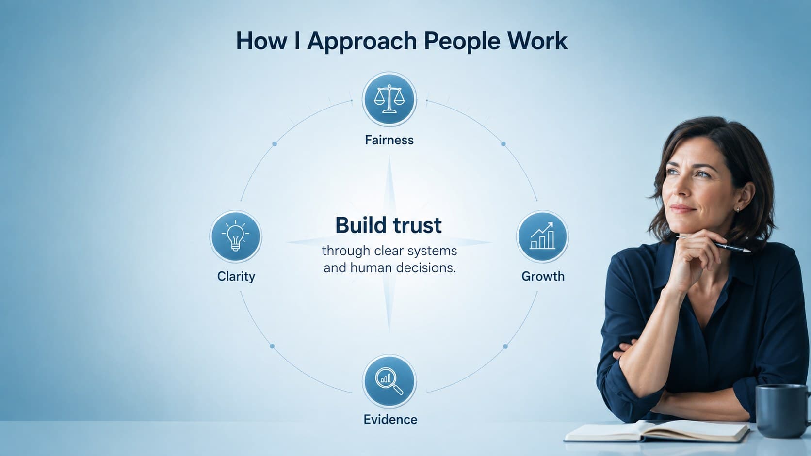 Human resources philosophy slide centered on fairness, clarity, growth, and evidence-based decisions.