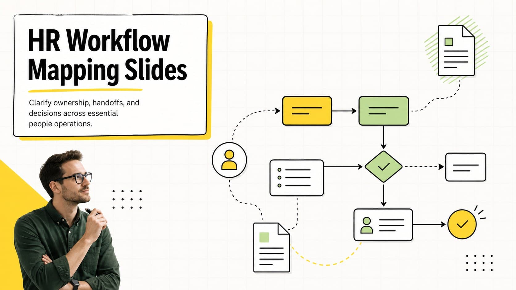 Cover for HR workflow mapping slides with bold yellow and green process graphics on a professional whiteboard-style background.
