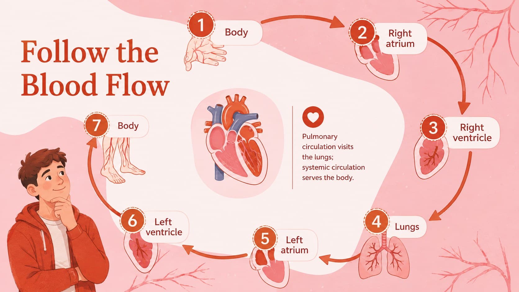 Blood flow through heart presentation slide tracing circulation from the body to the lungs and back.