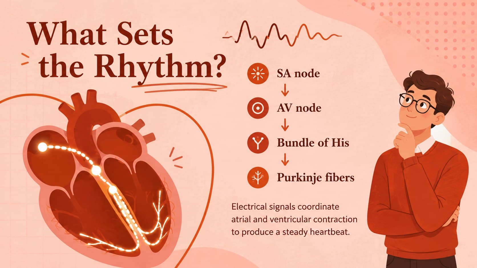 Heart anatomy lesson slide mapping the electrical conduction pathway from the SA node to Purkinje fibers.
