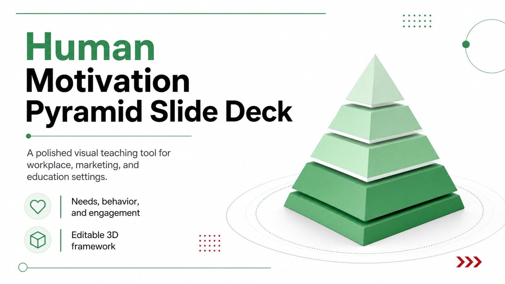 Green and white human motivation pyramid slide deck cover with a layered 3D infographic.