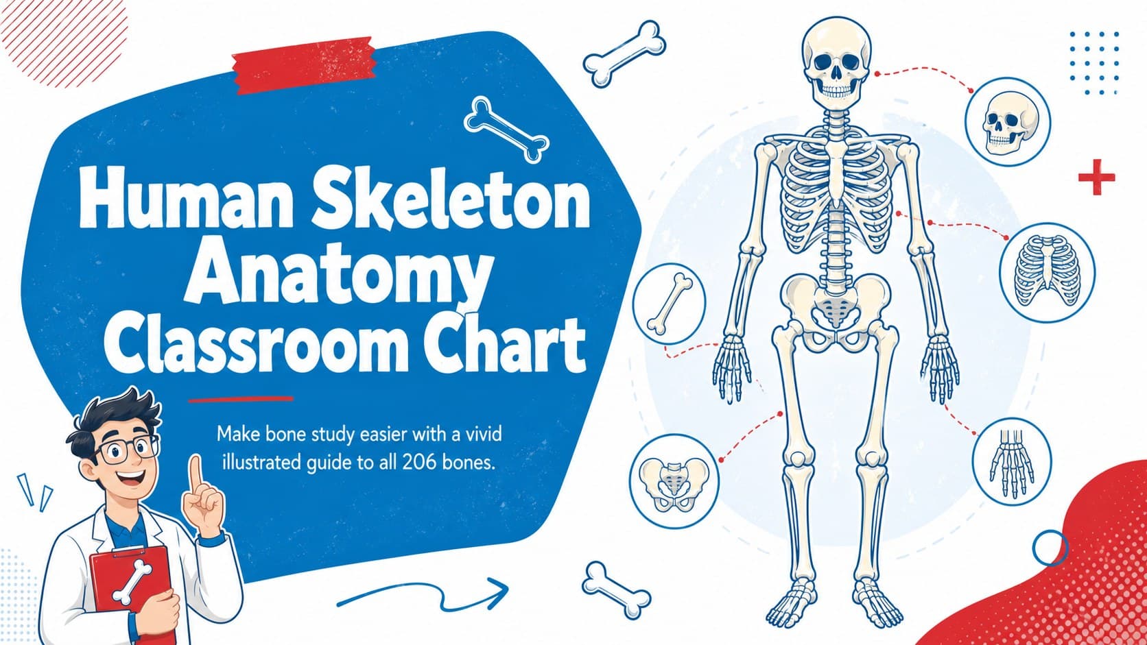 Cover of a Human Skeleton Anatomy Classroom Chart with a bold skeletal illustration in red, blue, and white.