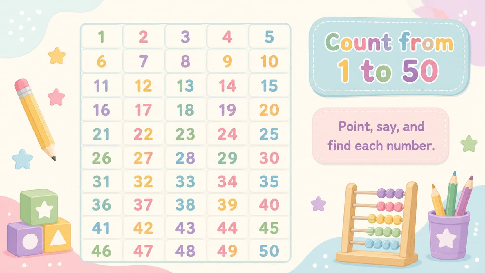 Editable 1 to 50 number chart in a colorful pastel layout for kindergarten counting practice.