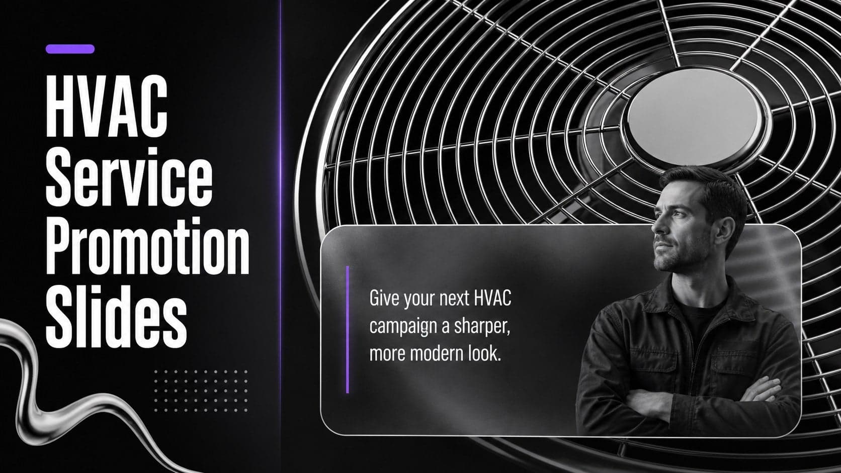 HVAC service promotion slides cover with a black chrome background and modern heating and cooling campaign headline.