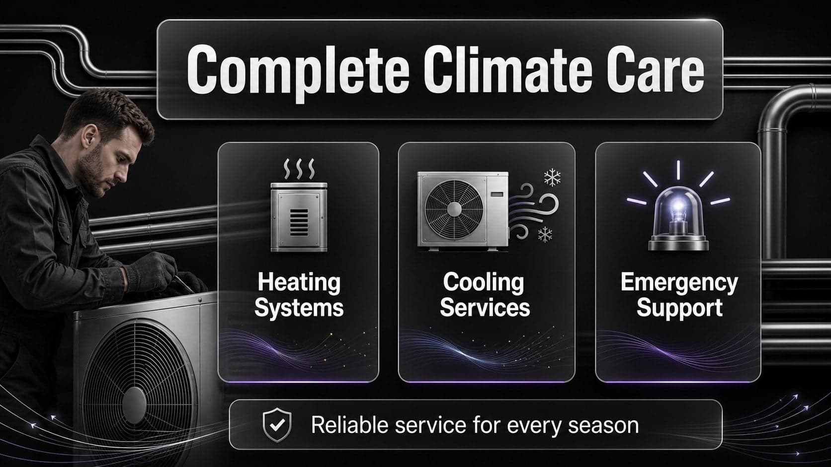 HVAC contractor sales presentation slide showing heating, cooling, and emergency service offerings in a glass-style layout.
