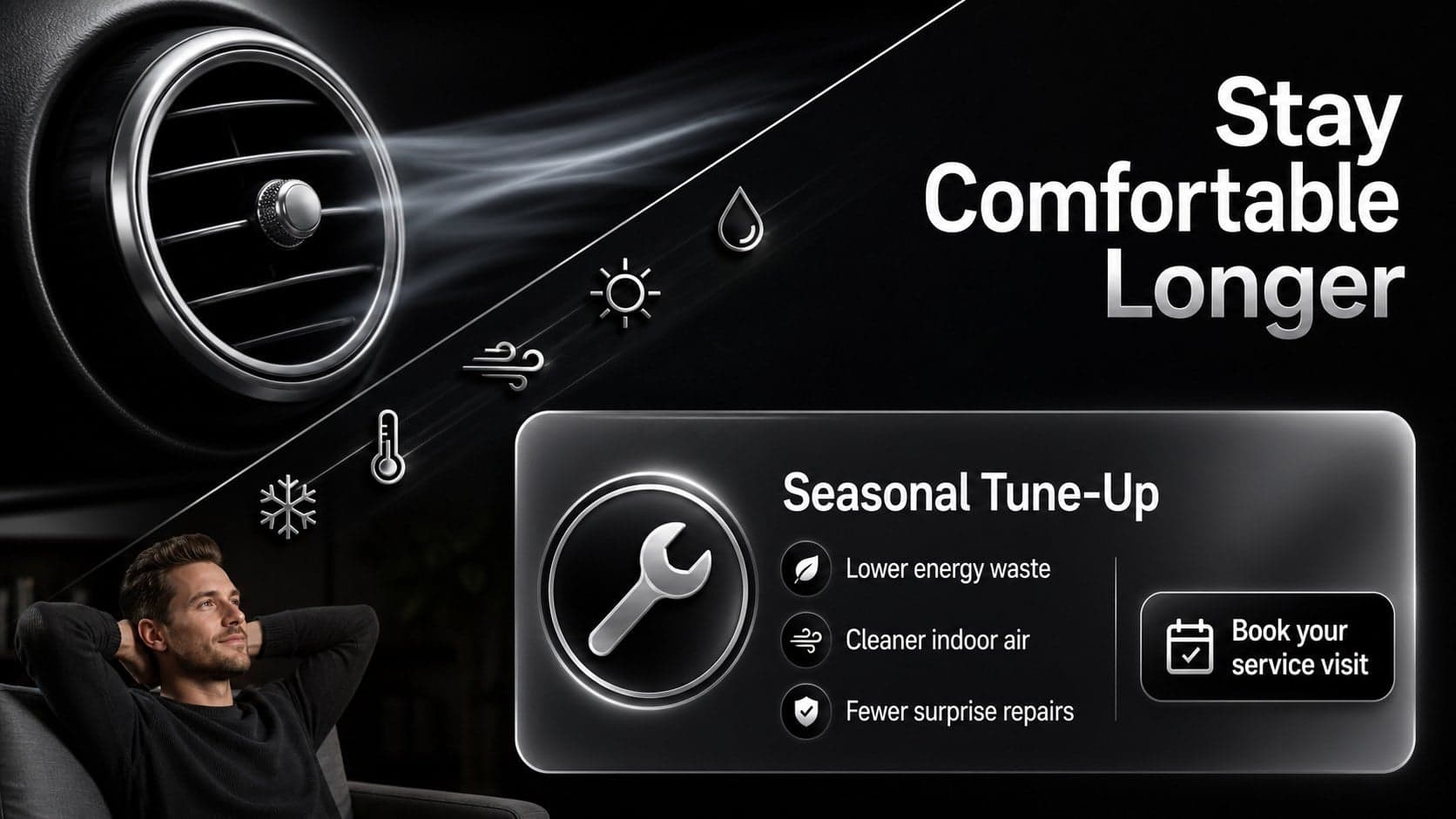 Residential air conditioning marketing slide with a seasonal offer, customer benefits, and bold black chrome visual treatment.