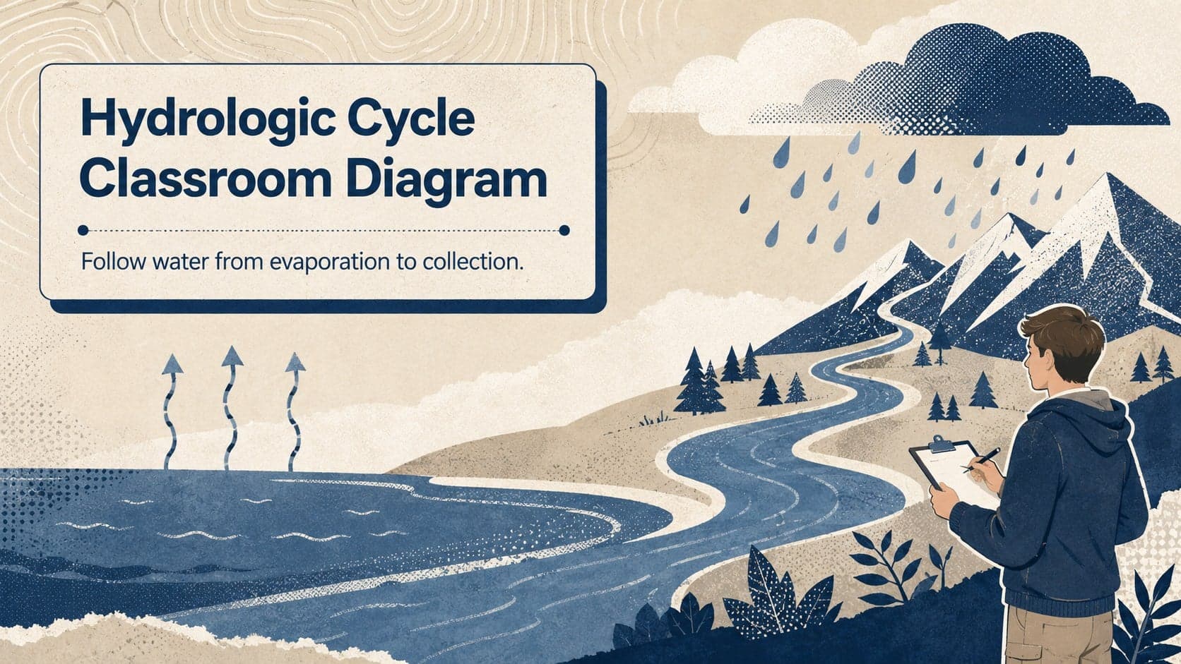 Cover for a hydrologic cycle classroom diagram with textured blue water shapes, clouds, and a beige science-themed background.