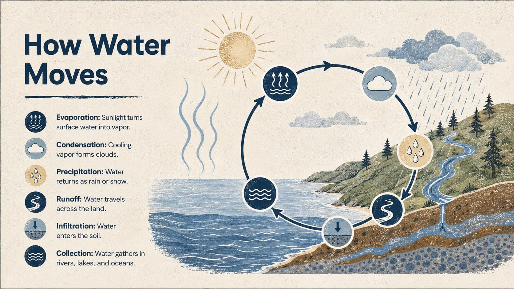Water cycle diagram for students showing evaporation, condensation, precipitation, runoff, infiltration, and collection.