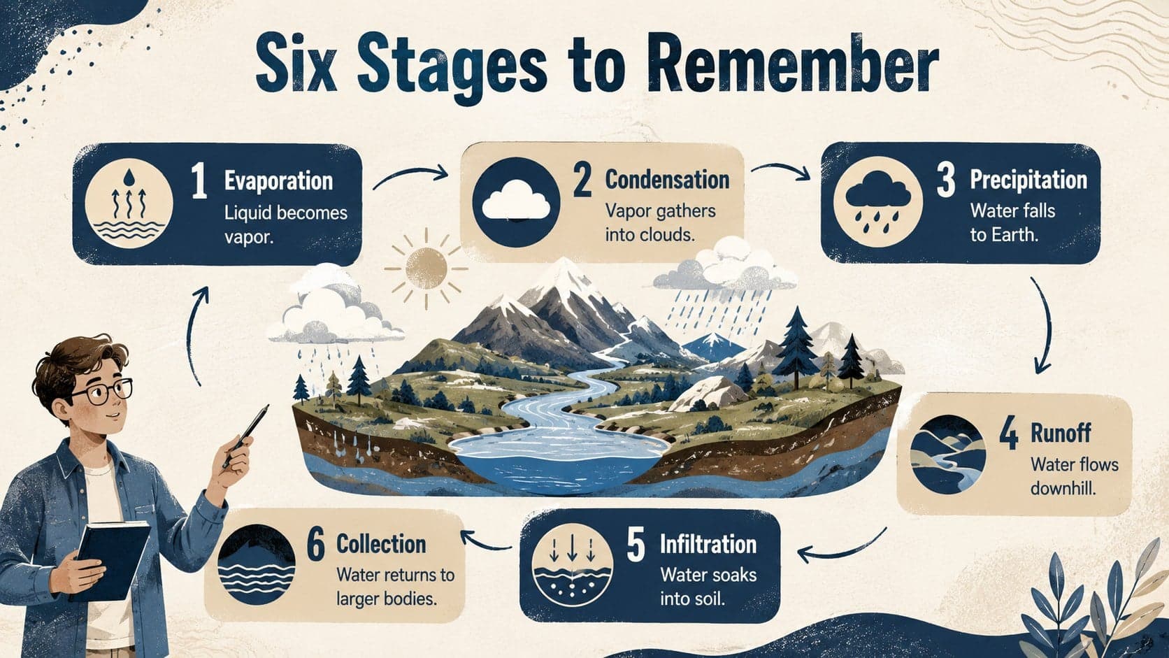 Hydrologic cycle lesson visual with six concise stages arranged around an original textured landscape illustration.