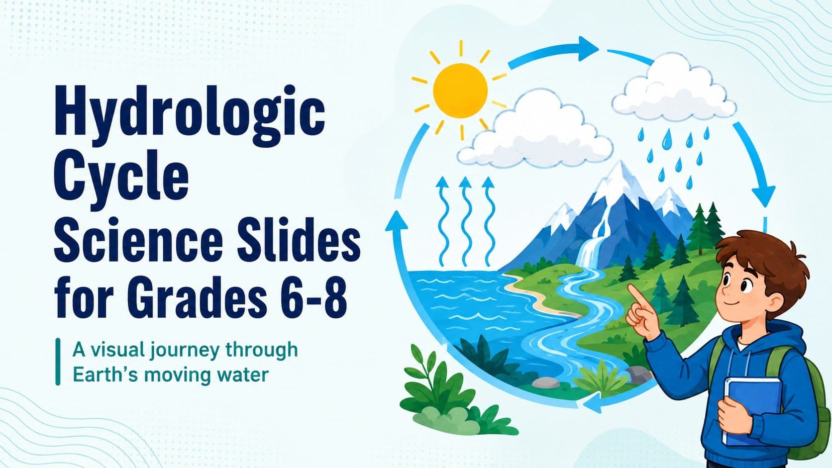 Colorful cover for Hydrologic Cycle Science Slides for Grades 6-8 with water and cloud illustrations.