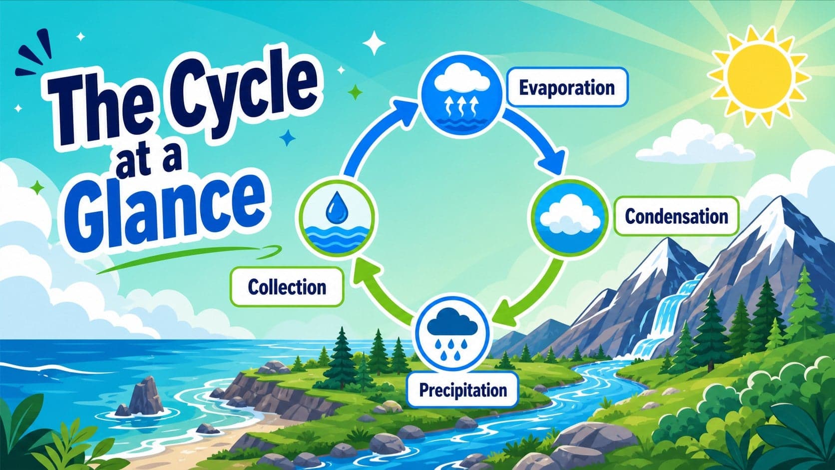 Hydrologic cycle overview diagram showing evaporation, condensation, precipitation, and collection.