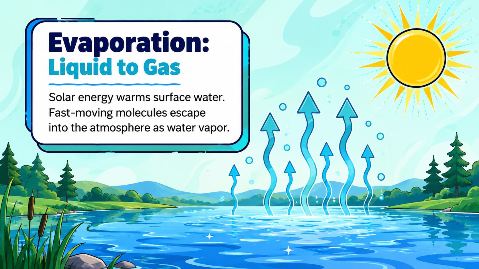 Evaporation science slide illustrating liquid water changing into water vapor through solar heating.