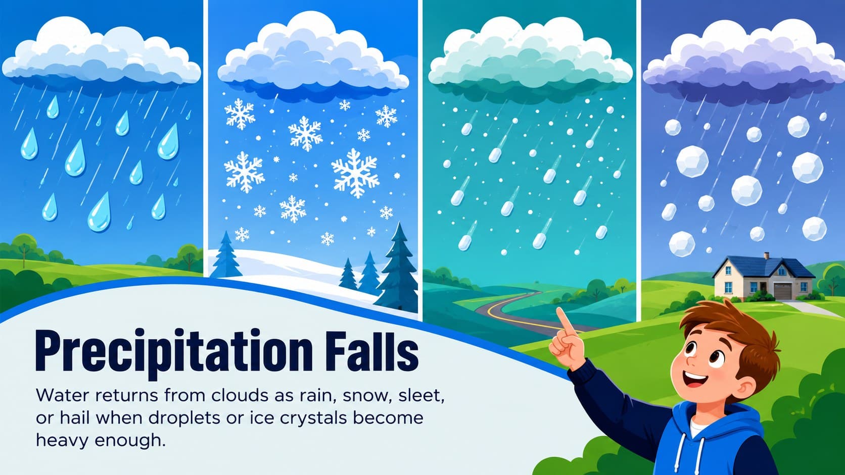 Precipitation classroom slide comparing rain, snow, sleet, and hail.