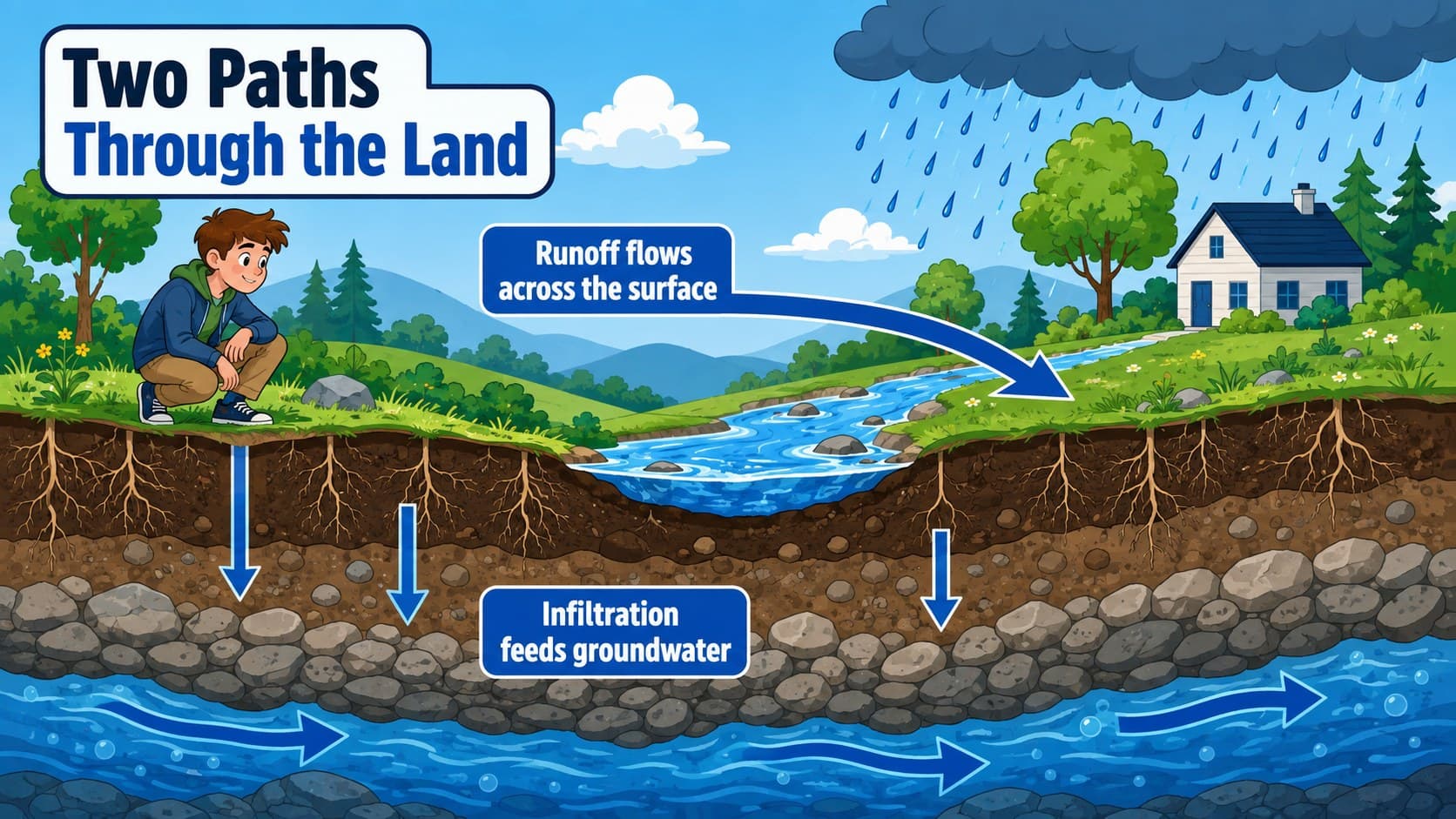 Runoff and groundwater diagram for a middle school hydrologic cycle presentation.
