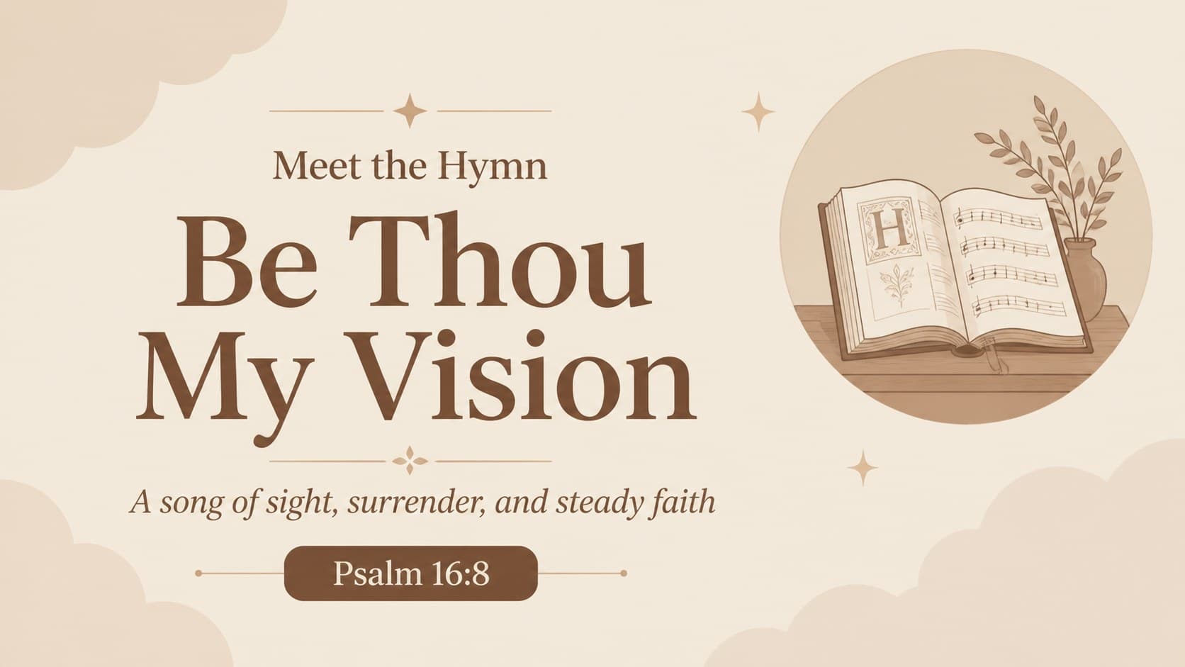 Introductory slide presenting a hymn for a biblical hymn discussion presentation in a quiet illustrated setting.