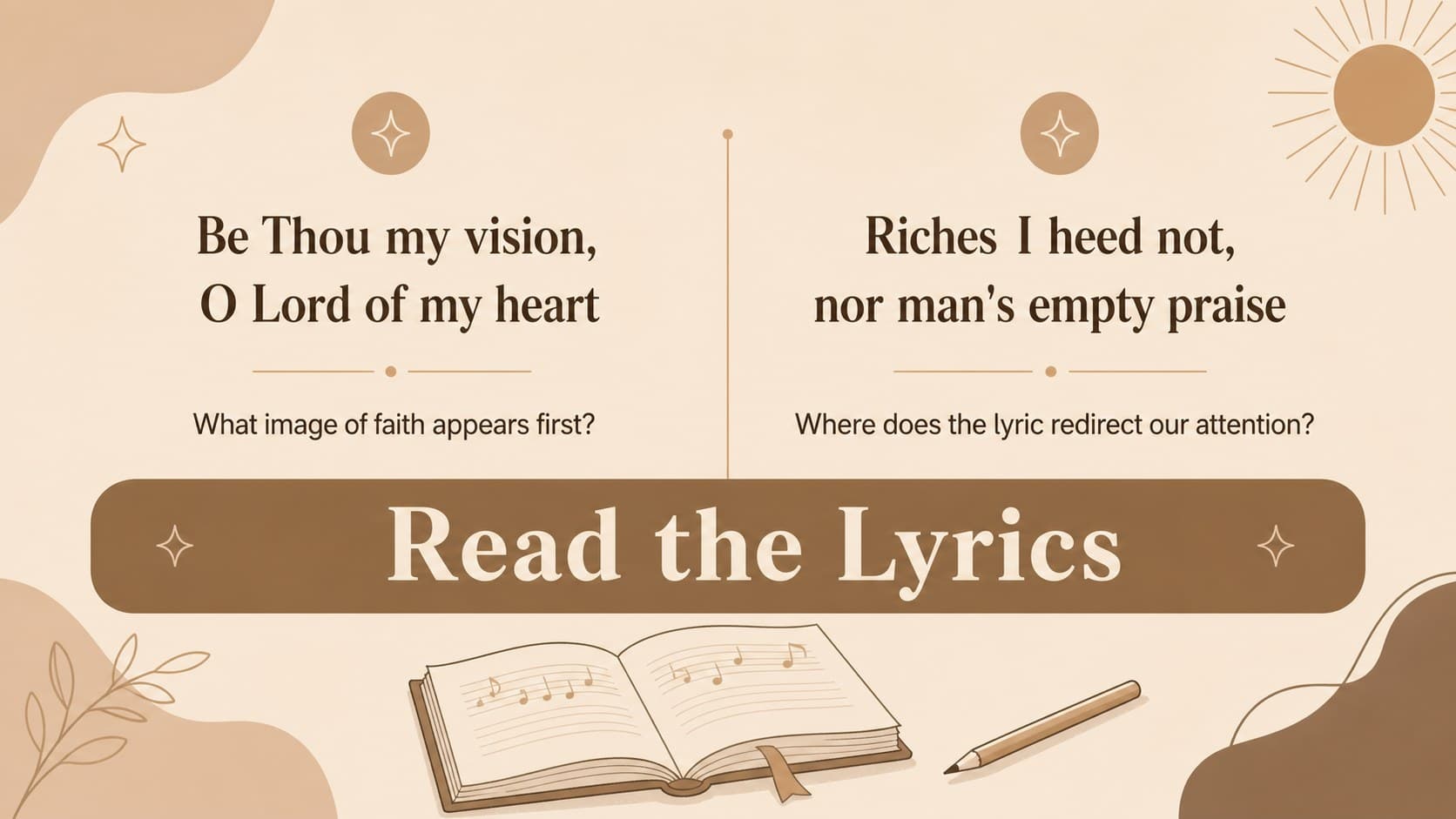 Lyric study slide for Sunday school music teaching slides with highlighted phrases and scripture connections.