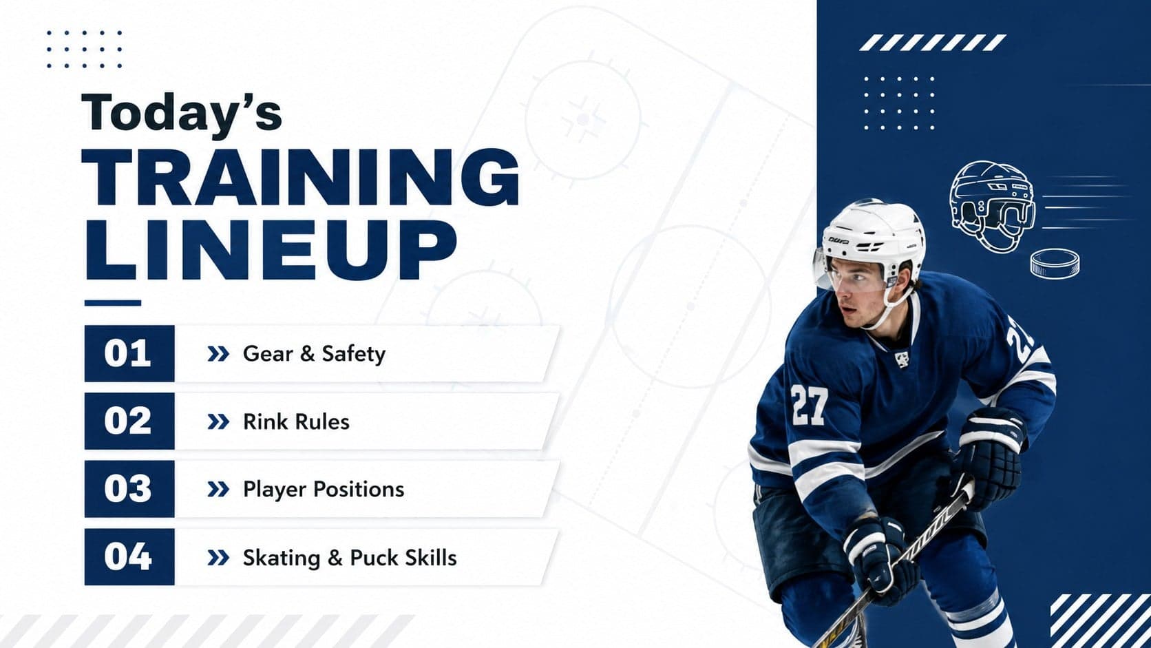 Beginner ice hockey coaching presentation agenda with sections for safety, rules, positions, and core skills.