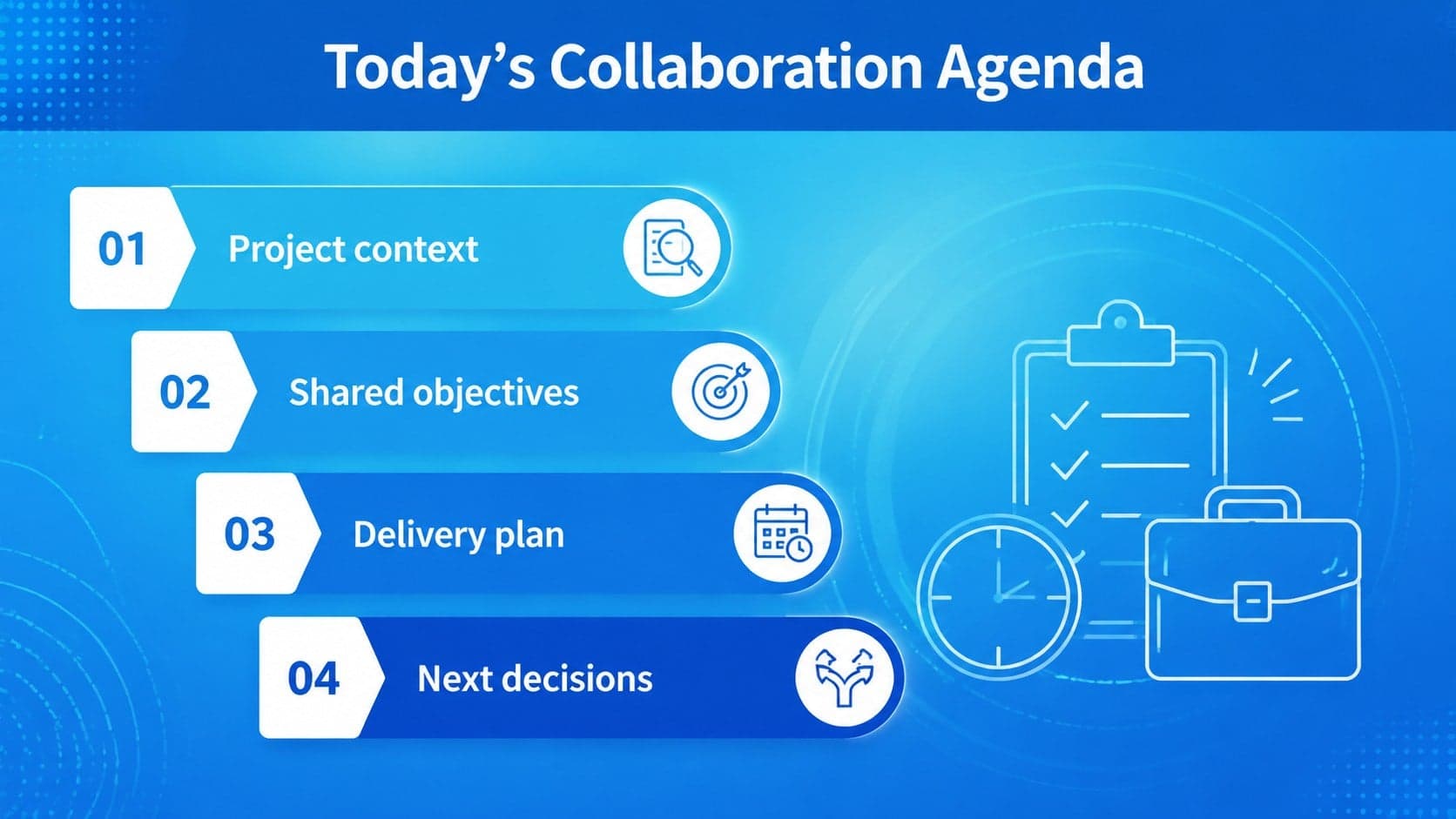 Agenda layout from a team collaboration slide template with four project discussion topics.