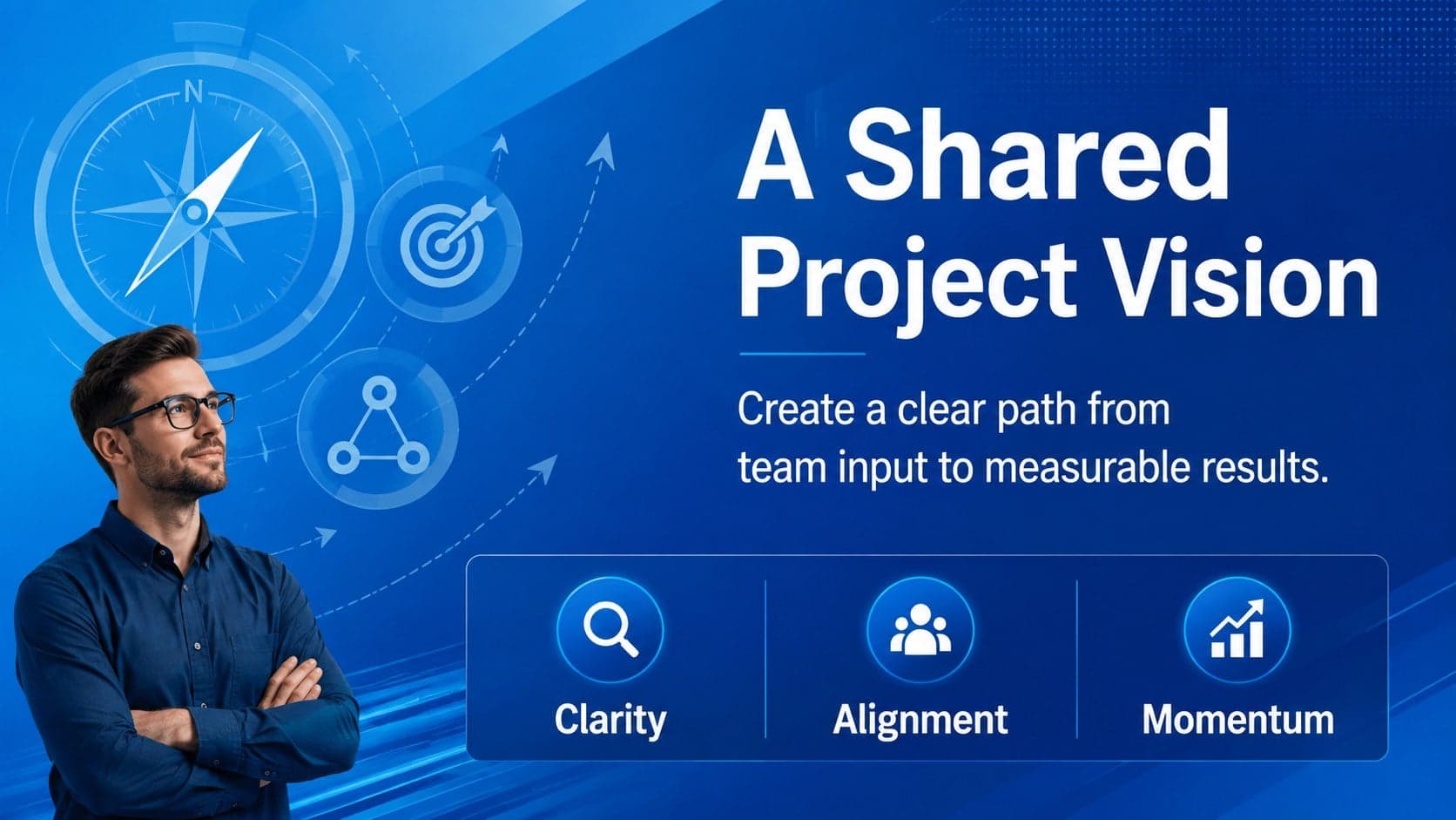 Blue icon pattern presentation slide introducing a shared project vision and three strategic priorities.