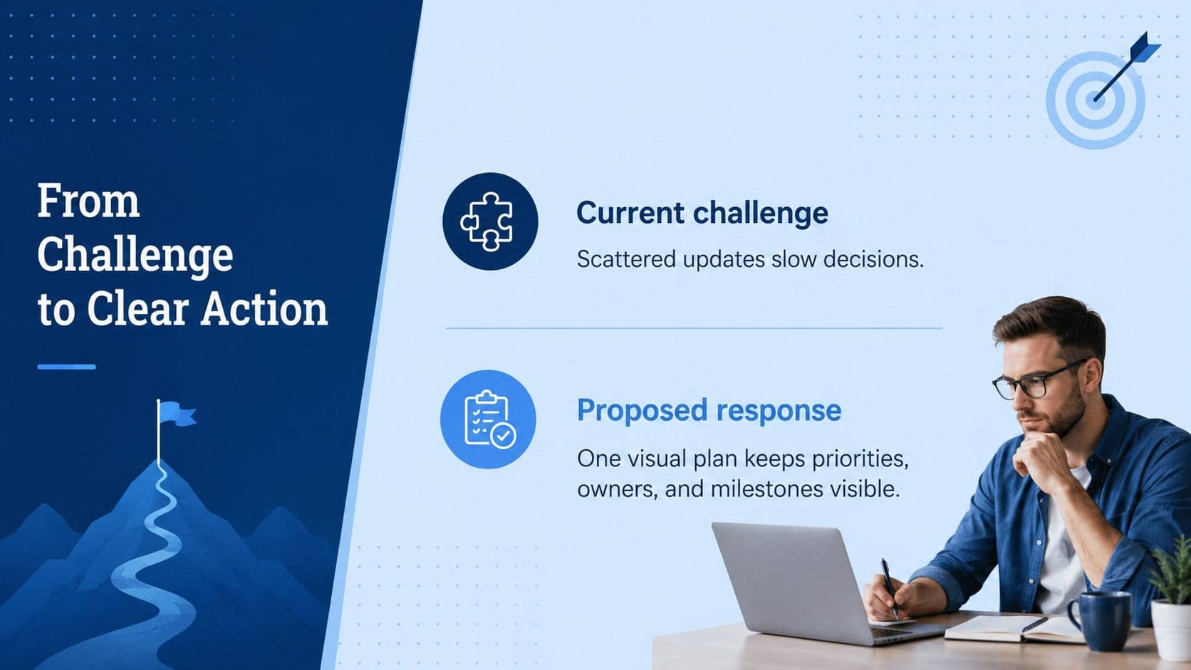 Editable project proposal deck layout showing a concise challenge and proposed response.