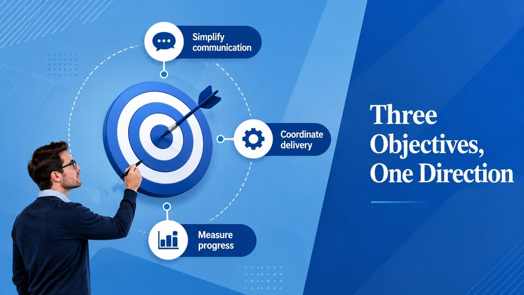 Workplace icon PowerPoint theme slide presenting three project objectives in a circular layout.