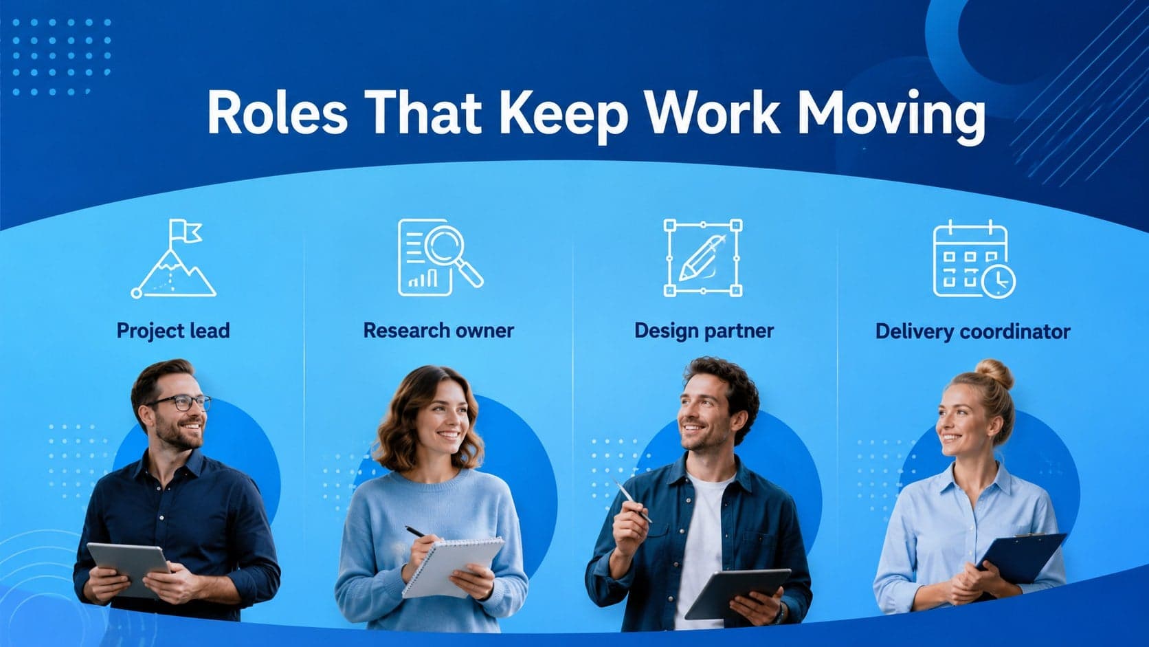 Teamwork presentation layout introducing four project roles with blue illustrated icons.