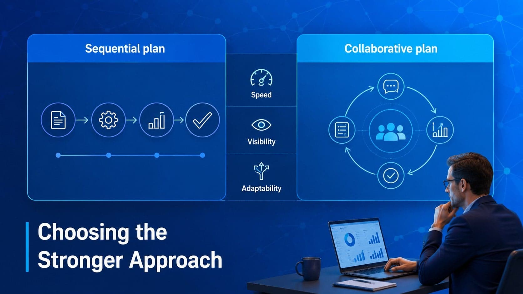 Blue gradient strategy presentation comparing two project approaches with concise criteria.