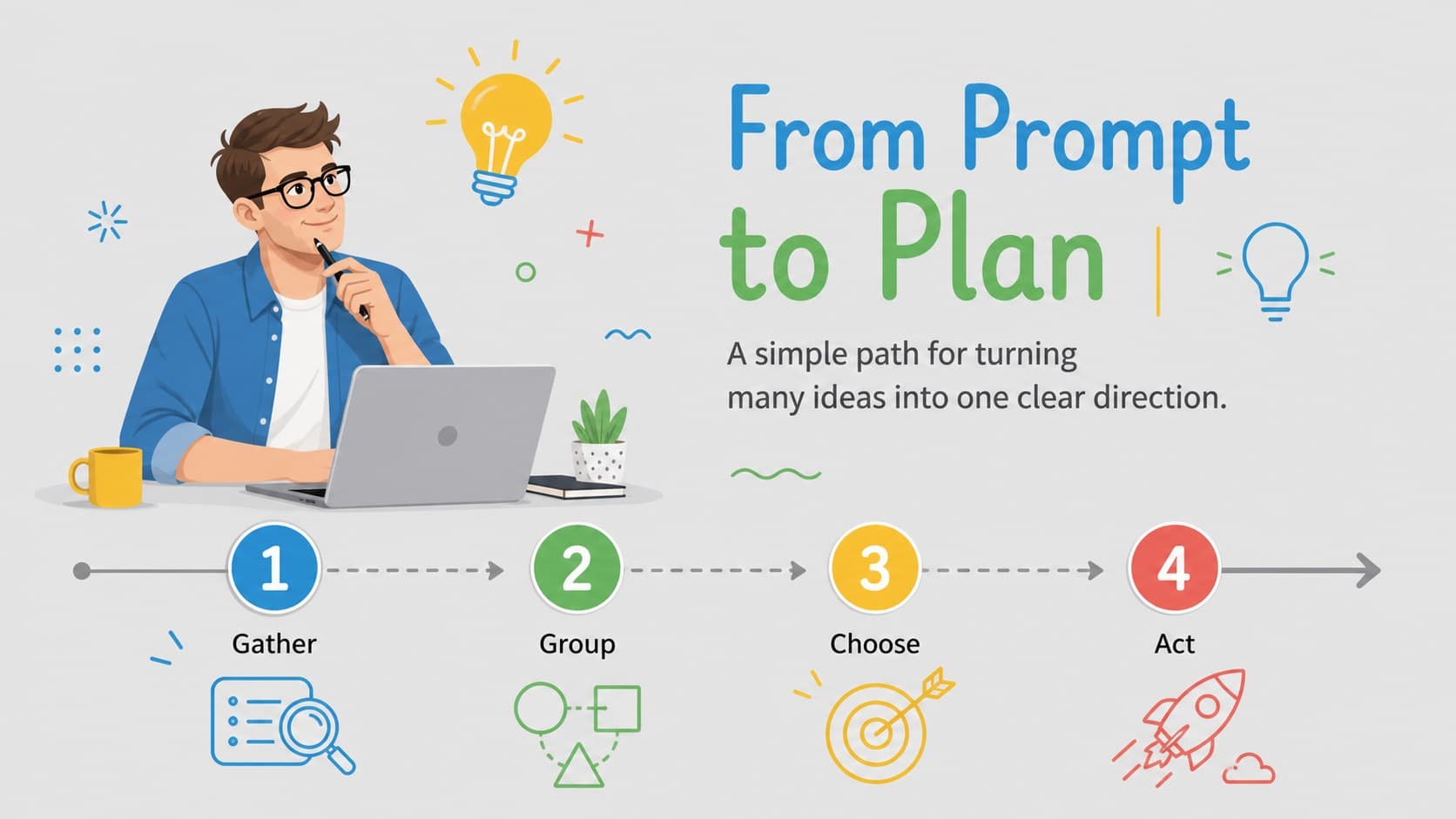 Agenda slide outlining the stages of a visual brainstorming deck from prompt to action.