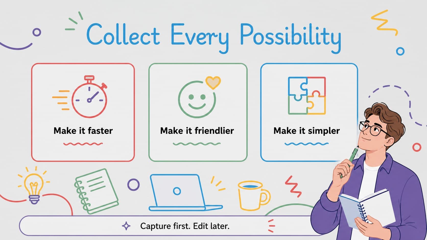 Idea collection slide showing colorful thought cards for a collaborative ideation presentation deck.
