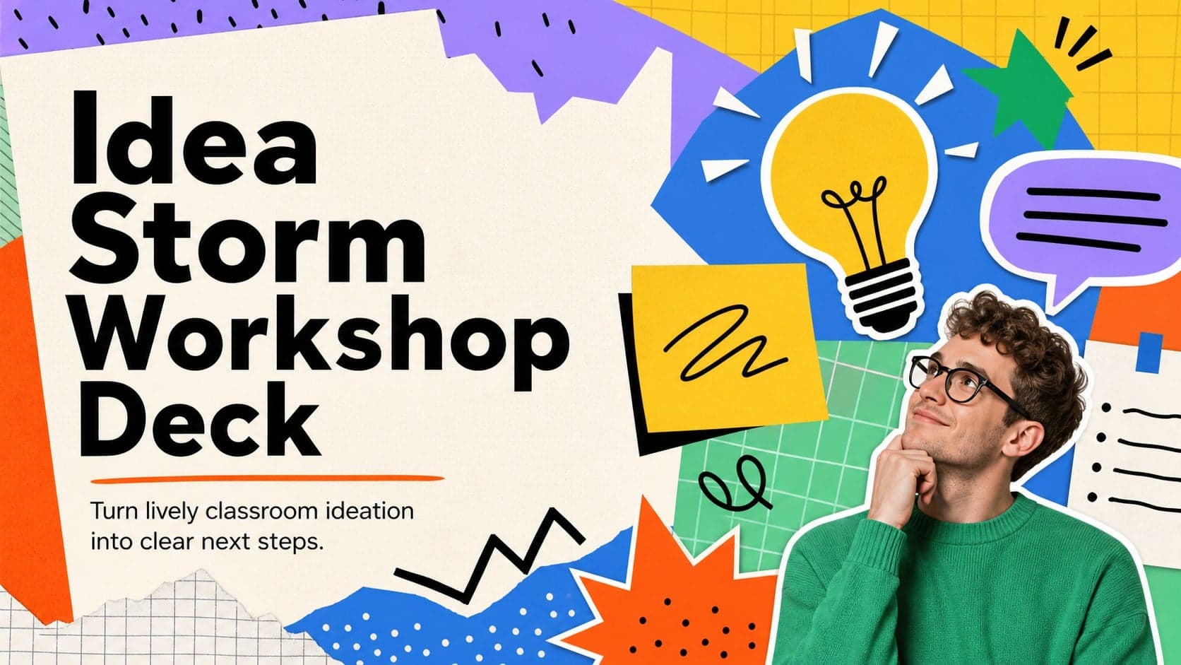 Colorful cover for the Idea Storm Workshop Deck with bold lettering and playful classroom graphics.