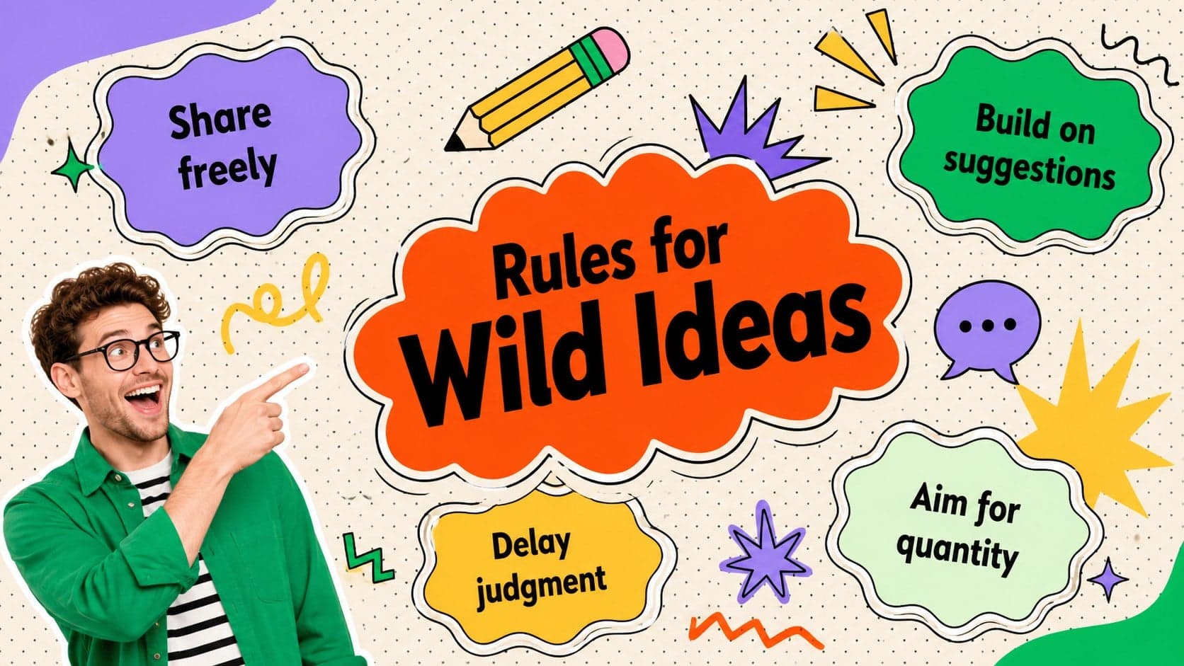 Creative brainstorming slide showing four simple rules for generating student ideas.